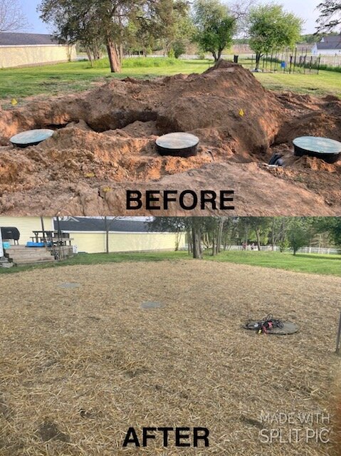Before-and-after of mound septic system installation in residential yard
